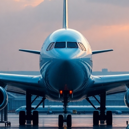 Photorealistic image of an airplane taking off, or students on an airport tour. The image should be inspiring and dynamic.