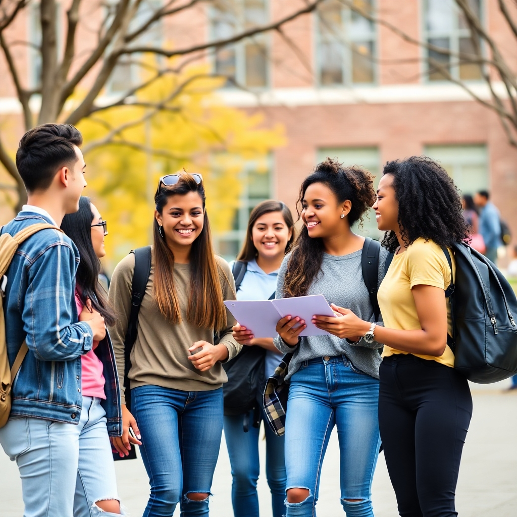 Image of diverse students on campus interacting in a friendly and collaborative manner.