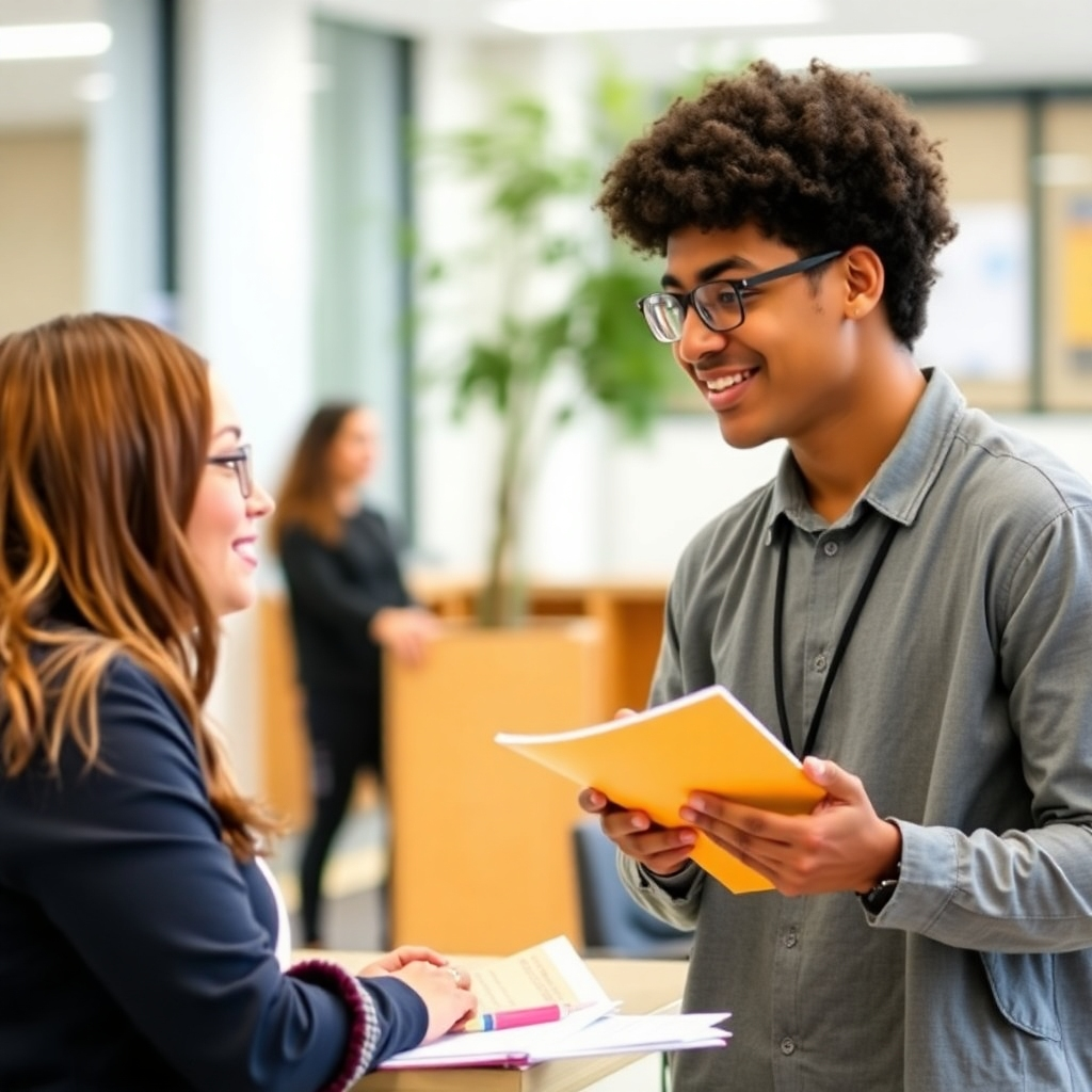 Image showcasing a career counselor and student discussing future opportunities. The image should emphasize career exploration.