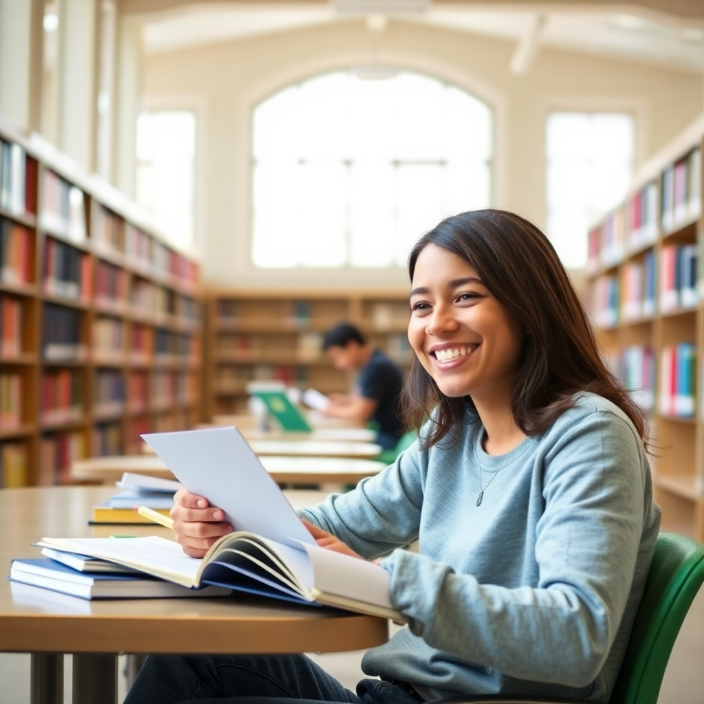 Image showcasing a happy student studying on campus or in a library. The setting should be bright and positive.