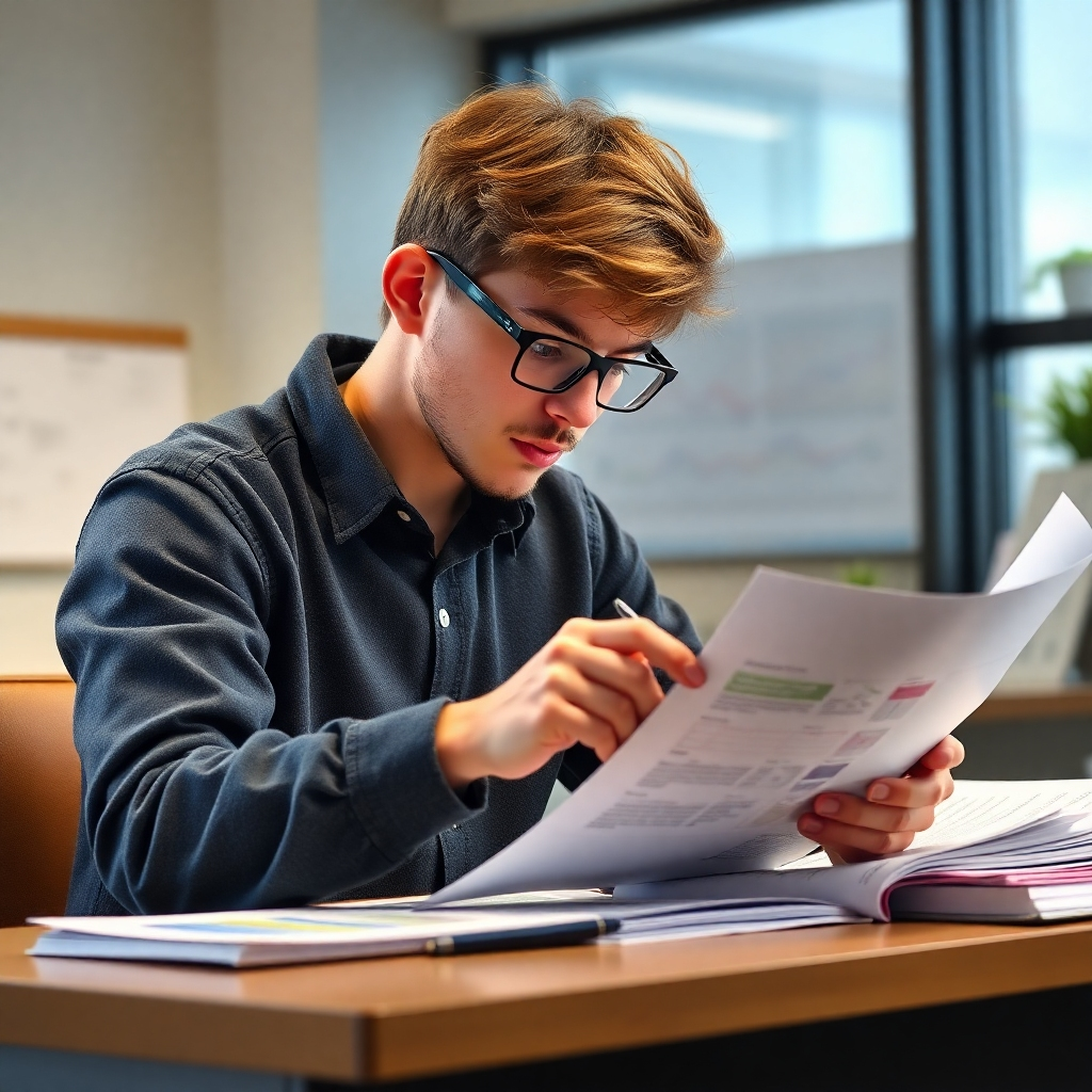 Photorealistic image of a student reviewing financial reports carefully and diligently.