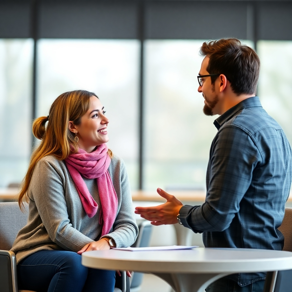 Photorealistic image of a student and advisor engaging in a positive and supportive conversation. The image should reflect trust and understanding.