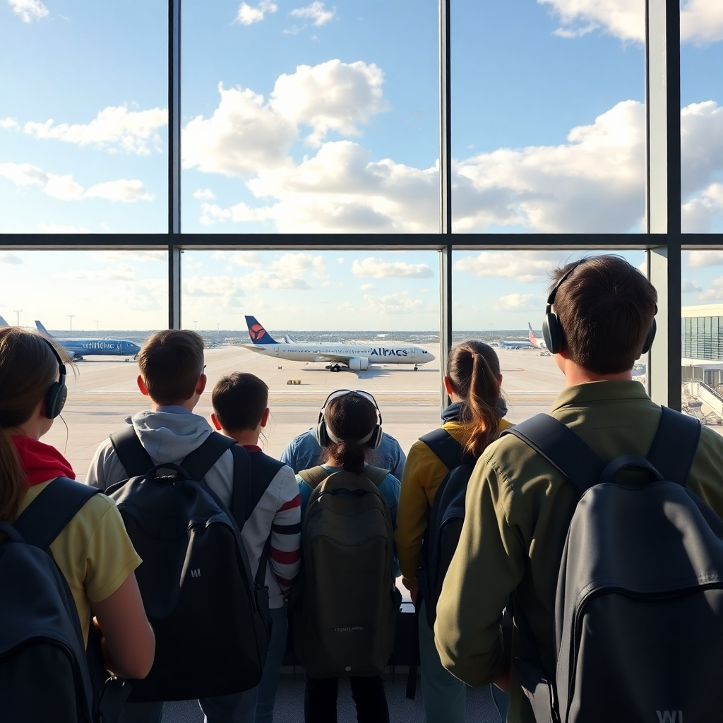 Photorealistic image of students touring an airport or observing airport operations from a safe vantage point.