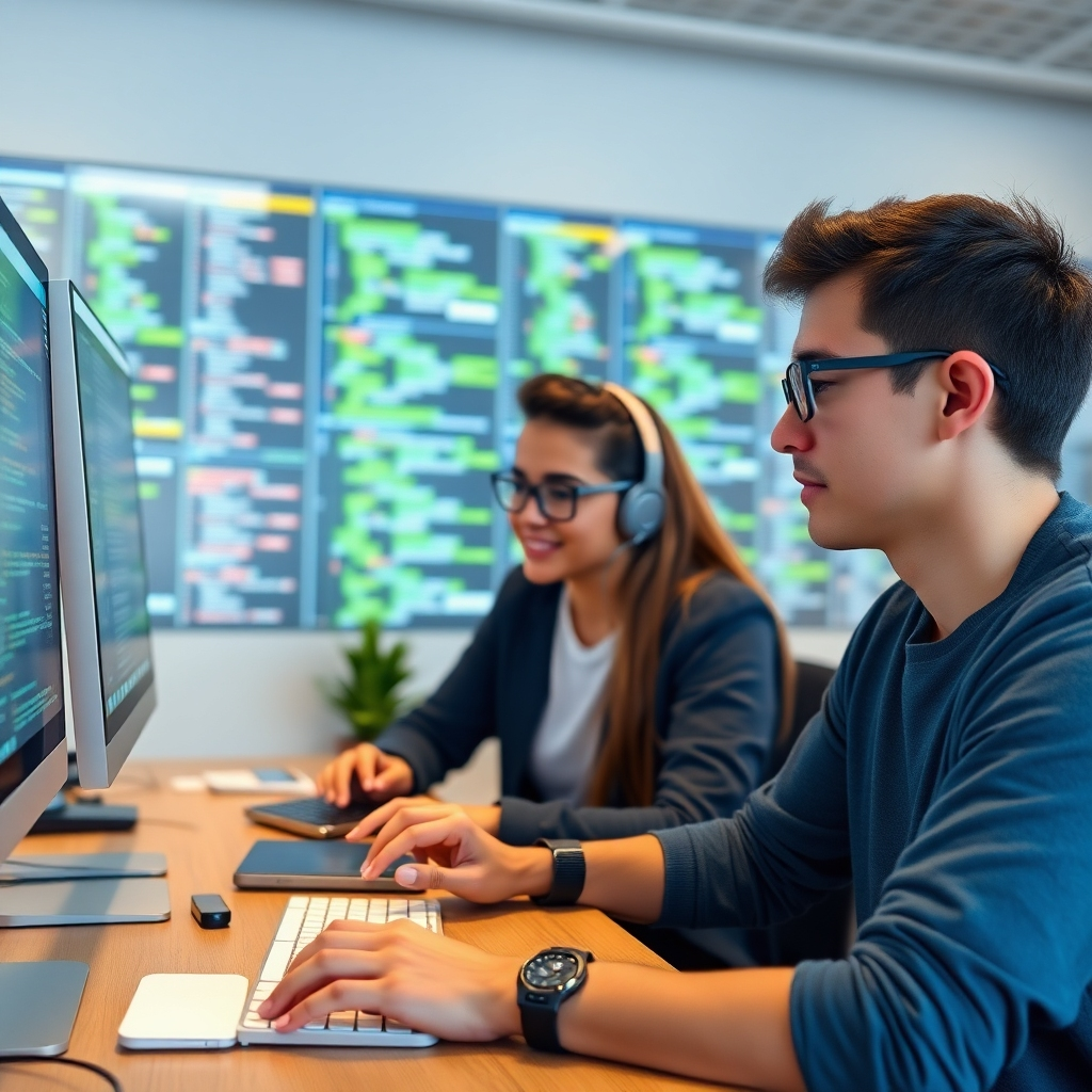 Photorealistic image of students working with database management software.